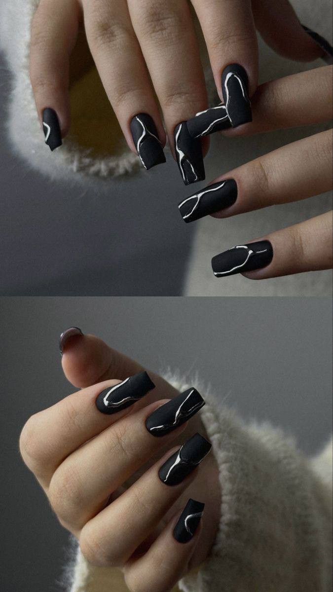 Black Matte Nails, Black Chrome Nails, Metallic Nails Design, Matte Black Nails, Squoval Nails, Hello Nails, Punk Nails, Nails Design With Rhinestones, Work Nails