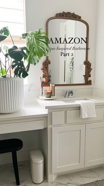 a bathroom with a sink, mirror and plant in it