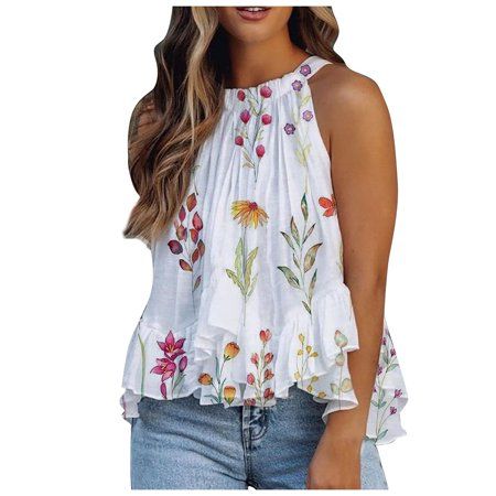 Women's Halter Neck Tank Tops Floral Sleeveless Shirt Pleated Casual Camisole Feature: 1. Fashion women's tops. 2. design makes you more attractive. 3. High quality manufacturing. 4. There are fashionable short sleeves. 5.It's very fashion and make you so beauty. Material: 95% polyester 5% elastane Occasion: Daily, show the case, party Washing method: machine wash Season: spring, summer, autumn Size: XL.  Color: White.  Gender: female.  Age Group: adult. Split Sleeve Top, Sleeveless Tops Summer, Blouse Models, Summer Blouses, Casual Tank Tops, Outfit Casual, Sleeveless Tank Top, Look Chic, Summer Tops