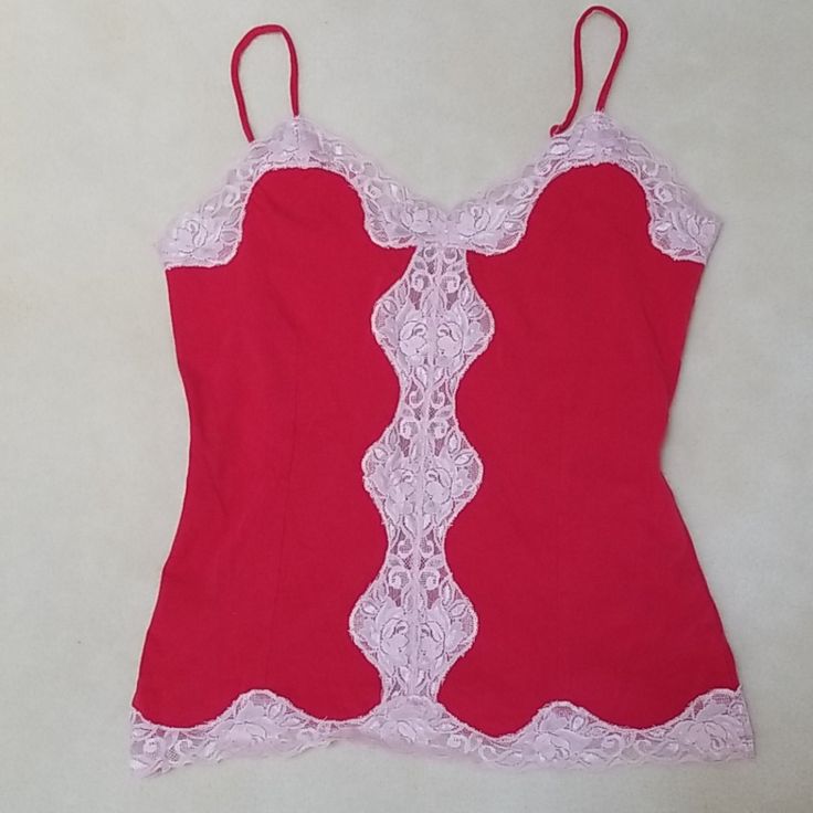 Mary Green Red Camisole With Pale Pink Trim. Spaghetti Straps Are Adjustable. Elastic On Back At Waist. Like New...Never Worn. Armpit To Armpit: 16.5" Length: 21.5" Red Tops With Built-in Bra And Tank Straps, Fitted Red Camisole With Built-in Bra, Red Stretch Camisole For Spring, Pink Lace Trim Tank Top With Spaghetti Straps, Red Tank Top With Spaghetti Straps And Built-in Bra, Red Tank Top With Built-in Bra, Pink Lace Trim Spaghetti Strap Tank Top, Fitted Red Top With Lace Trim, Fitted Red Tops With Lace Trim