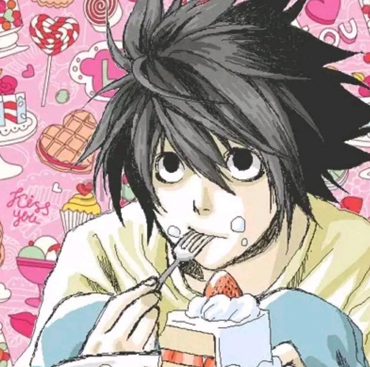 an anime character eating cake and drinking milk from a cup while holding a fork in his mouth