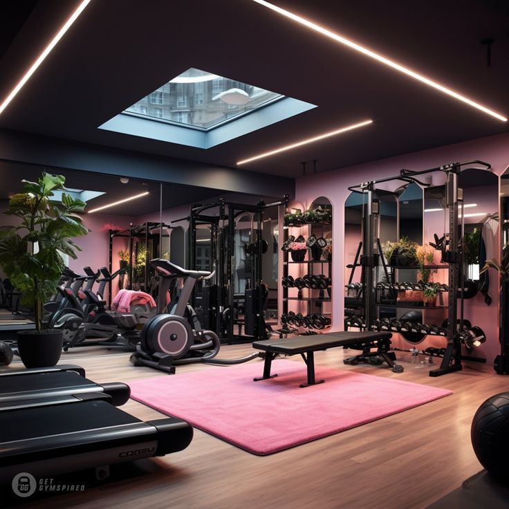 a gym with exercise equipment and plants in the corner, along with pink carpeting