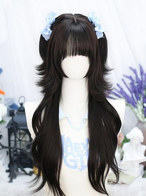 Lily Series Simulated Integrated Natural Black Long Curly Hair Blue Highlights Sweet Lolita Jellyfish Head Full Head Wig Long Jellyfish Haircut, Long Thick Hair Styles, Hair Blue Highlights, Jellyfish Hairstyle, Black Long Curly Hair, Jellyfish Hair, Black Hair Wig, Hairstyles Wig, Adorable Hairstyles