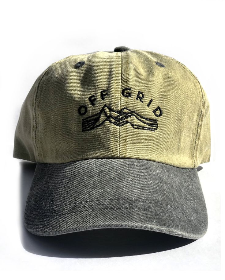 OFF GRID Unisex 2-Tone Cap (Khaki/Charcoal vintage wash) with an adjustable copper clasp for all sizes.  For the wanderers, seekers and explorers. Vintage Snapback Baseball Cap For Outdoor Activities, Vintage 5-panel Dad Hat For Outdoor, Vintage Adjustable Dad Hat For Outdoor, Adjustable Khaki Hat For Hiking, Adjustable Khaki Hiking Hats, Vintage Adjustable Baseball Cap For Outdoor, Vintage Trucker Hat For Outdoor Activities, Casual Brown Trucker Hat For Hiking, Rugged Adjustable Baseball Cap For Outdoor