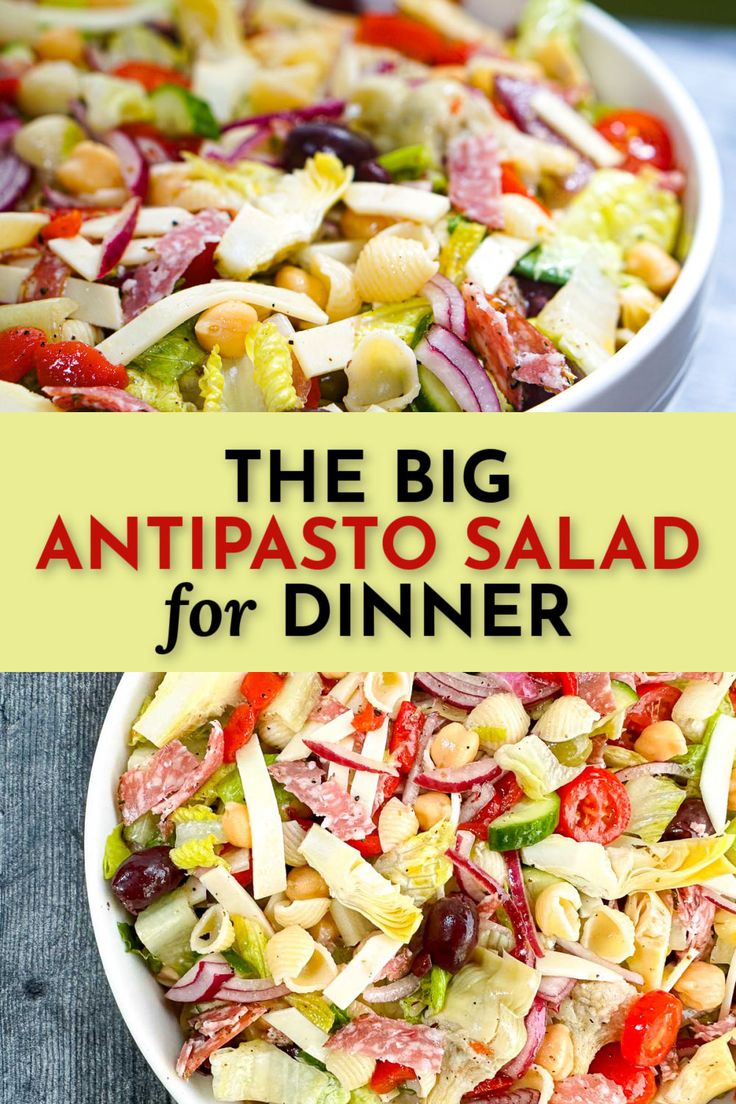 white bowl with antipasto salad and text Antipasto For A Crowd, Antipasto Pasta Salad Recipes, Best Antipasto Salad Recipe, Salads For Large Groups, Italian Dinner For A Crowd, Italian Dishes For A Crowd, Large Salads For A Crowd, Antipasta Salads, Nourishing Salads