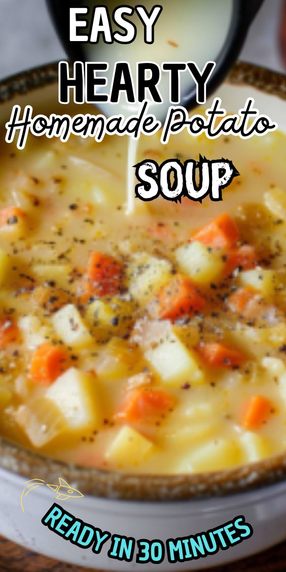 a bowl of homemade potato soup with the words easy hearty homemade potato soup