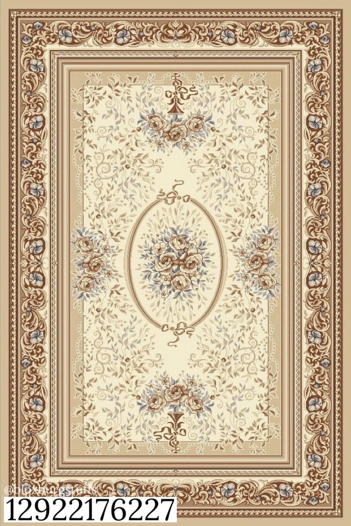 a beige and blue rug with an ornate design on the center, surrounded by flowers