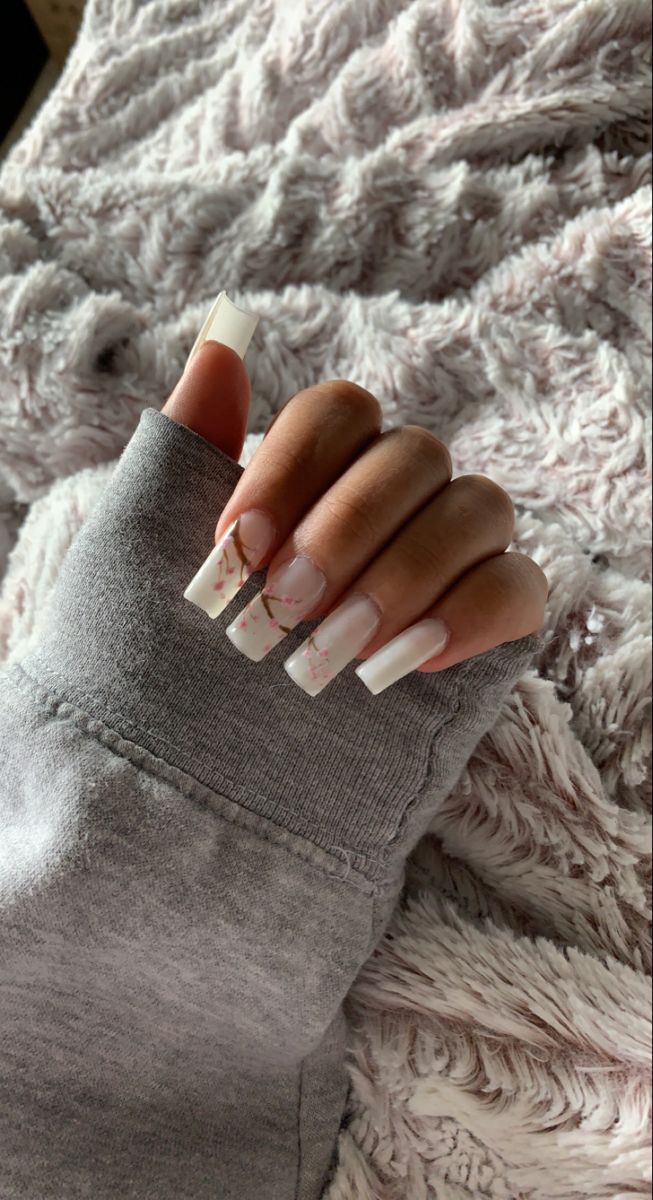 Nails With Cherry Blossoms, Blossom Nails, Cherry Blossom Nails, Square Nail Designs, Drip Nails, Colored Acrylic Nails, Grunge Nails, Really Cute Nails, Soft Nails