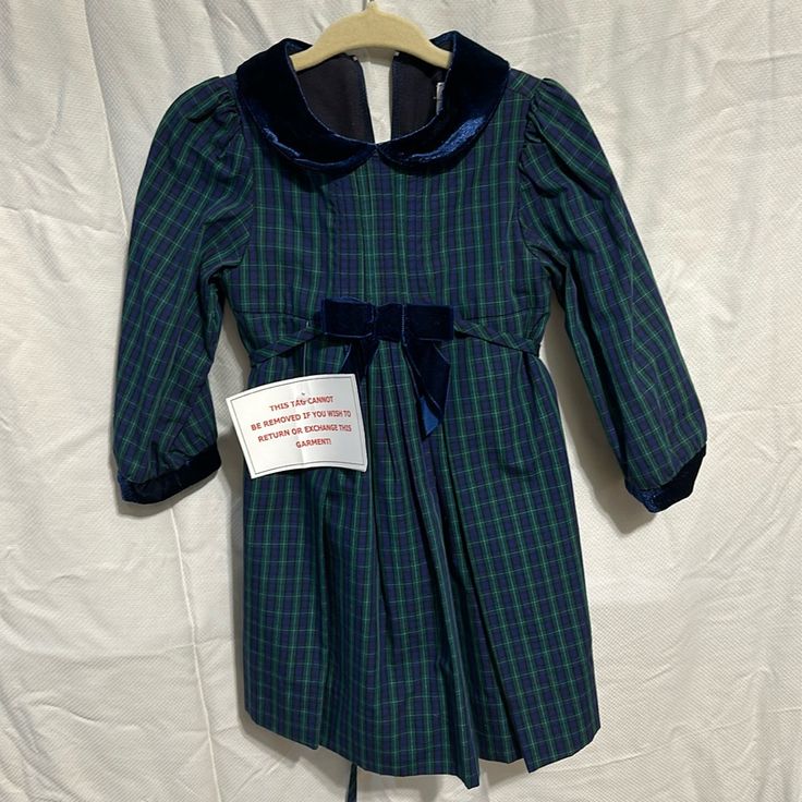 Blue, Green And Black Plaid Dress With Navy Velvet Collar, Cuffs And Bow Tie Ribbon Accent. New With Tags, Excellant Condition Long Sleeve Cotton School Dress, Blue Dress For Fall Dress-up, Long Sleeve Winter School Dress, Navy Velvet, Plaid Dress, Black Plaid, Holiday Dresses, Kids' Dresses, Plaid