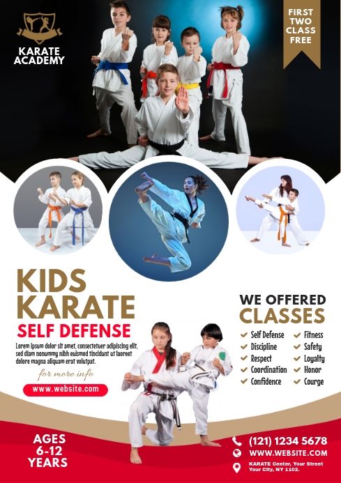 a flyer for karate classes with kids and adults in white uniforms on the sidelines