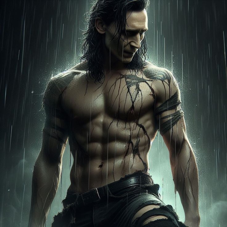 an image of a man with no shirt on in the rain holding his hands behind his back