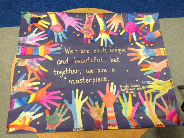 a group of children's handprints on a purple background with the words we are each unique and beautiful but together, we are a masterpiece