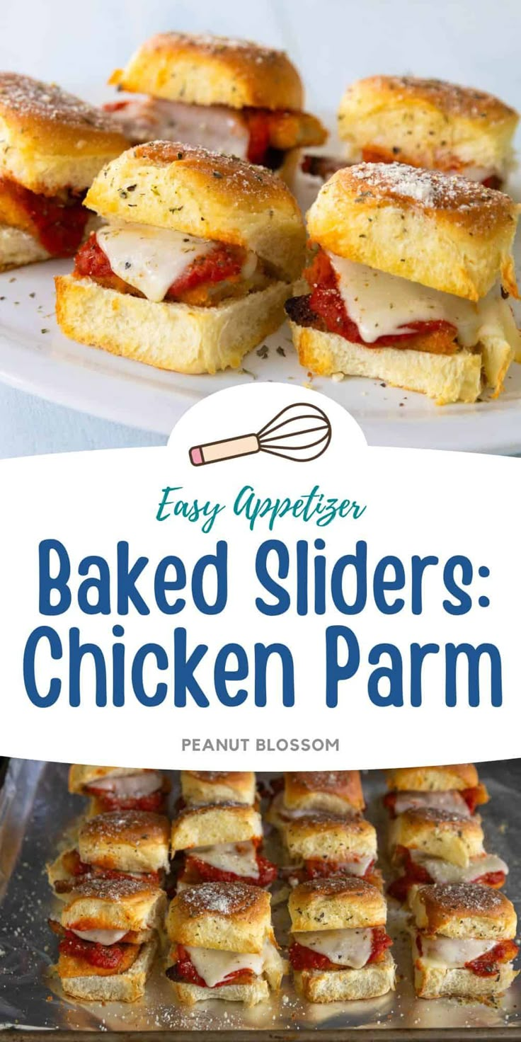 easy appetizer baked sliders chicken parm on a white plate with text overlay