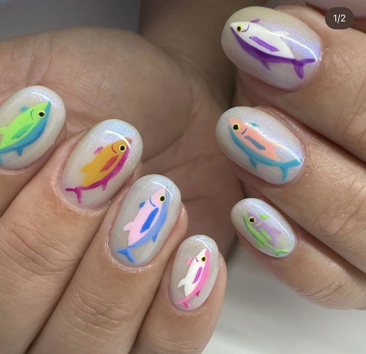 Nail Fish Design, Nail Ideas Tropical, Nails Different Designs Each Finger, Fish Nail Design, Nails Painted Ideas, Fish Nails Designs, Painting Nails Ideas, Ocean Theme Nails, Beach Theme Nails