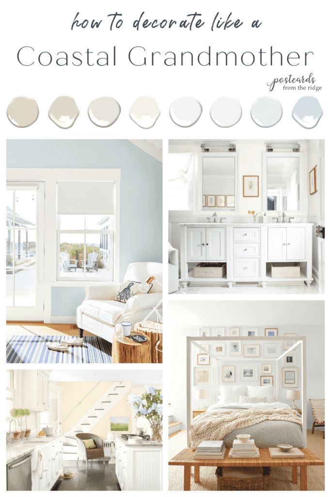 the cover of coastal grandmother magazine with pictures of furniture and decor in white, blue, and beige colors