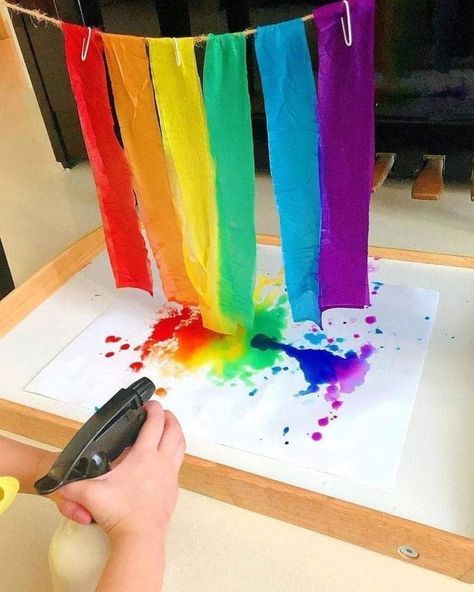 someone is using scissors to paint the rainbows on paper with colored watercolors