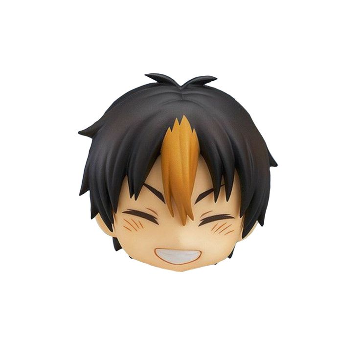 an anime character with black hair and orange eyes is smiling at the camera on a white background