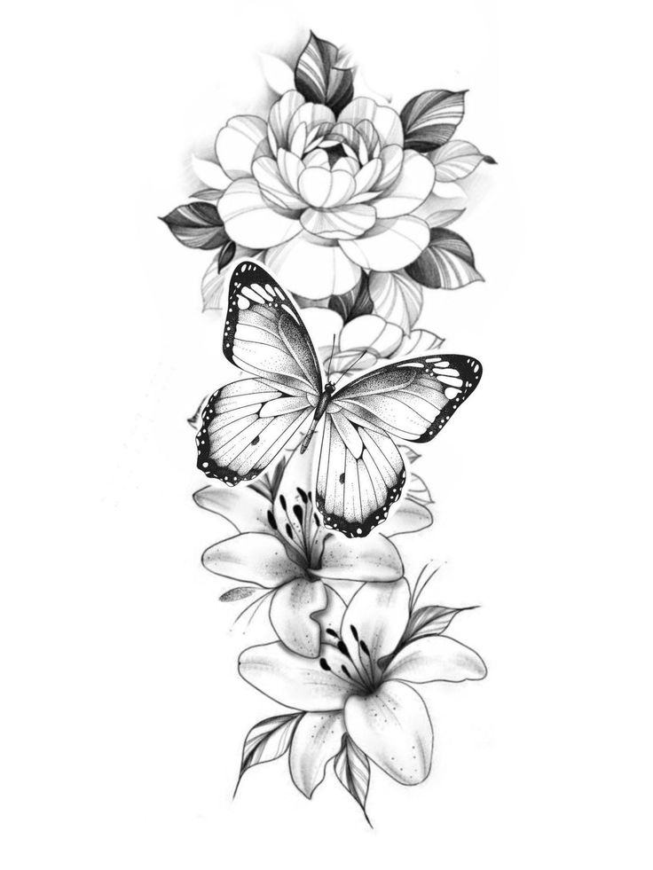 a black and white drawing of flowers with butterflies