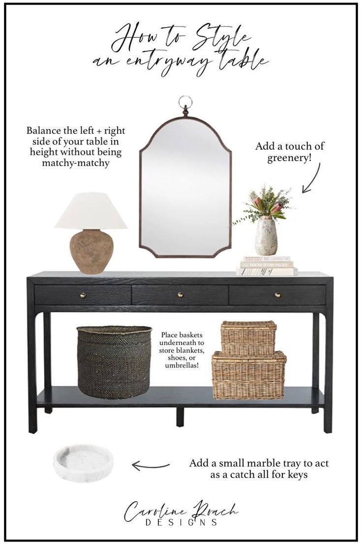 an entry table with two baskets and a mirror on it, labeled how to style the entry table