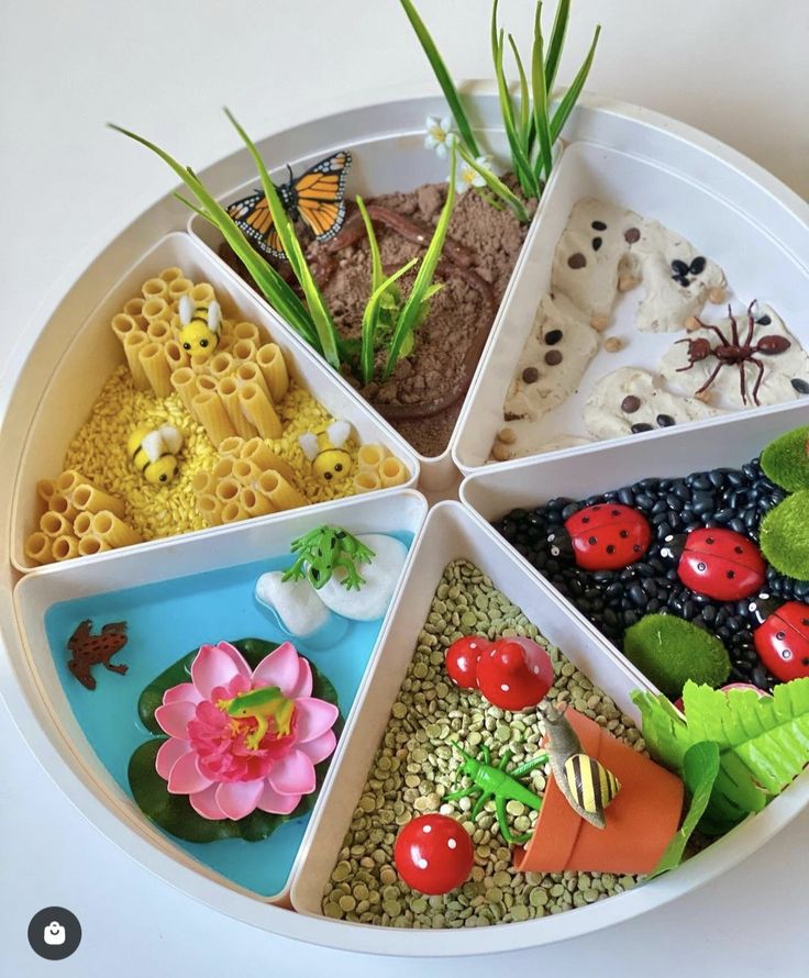 a white plate topped with different types of food and plants on top of each other