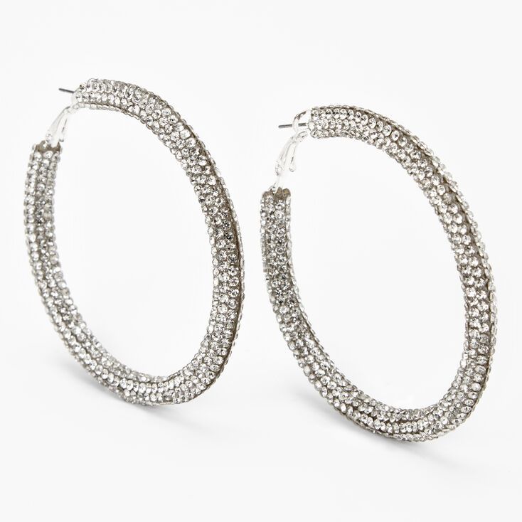 Claire's Silver 60MM Pave Embellished Hoop Earrings Metal Hoop Earrings With Rhinestones For Party, Rhinestone Metal Hoop Earrings For Parties, Glamorous Metal Hoop Earrings With Sparkling Stones, Glamorous Metal Hoop Earrings With Bling, Party Metal Hoop Earrings With Rhinestones, Party Hoop Earrings With Rhinestones, Glamorous Bling Hoop Earrings, Glamorous Round Bling Hoop Earrings, Glamorous Crystal Rhinestone Hoop Earrings