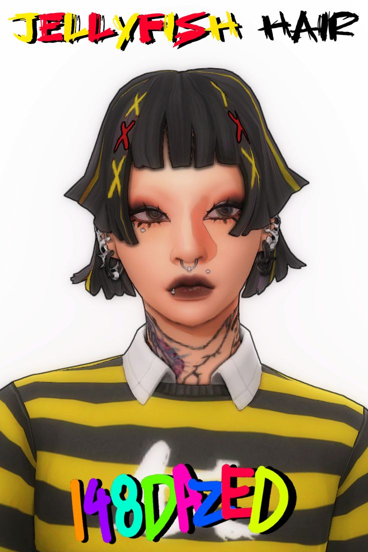 an animated image of a person with black hair and piercings on their head, wearing a striped shirt