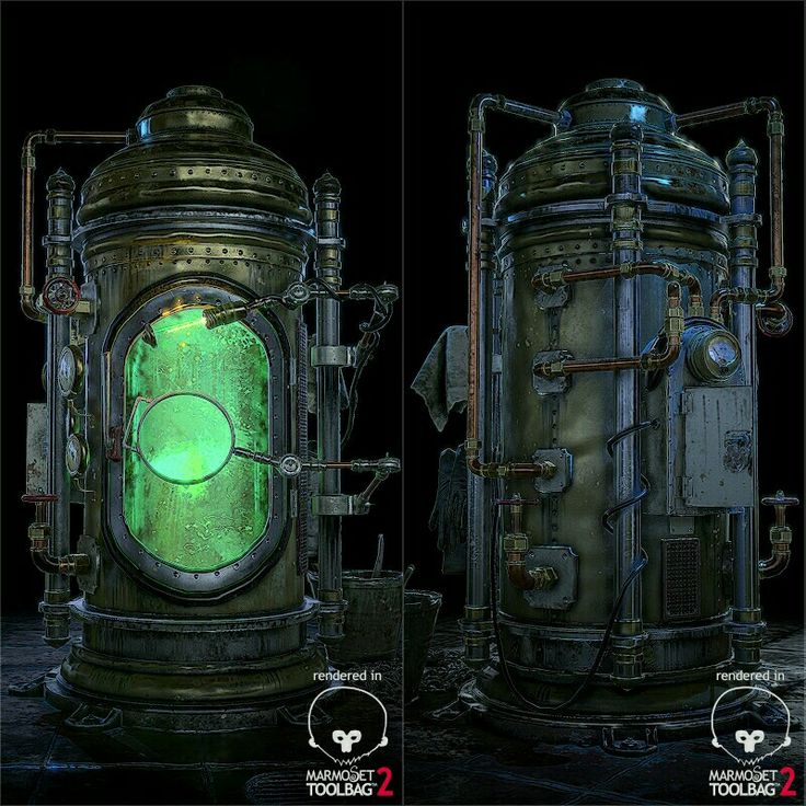 two views of an old steampunk with green light in the middle and bottom