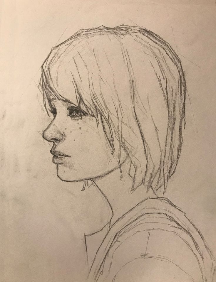 a pencil drawing of a woman's face with short hair and bangs, looking to the side