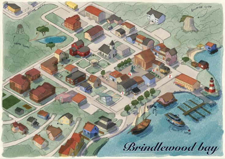 an illustrated map of a small town on the water