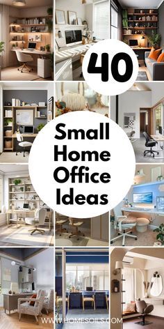 the words small home office ideas are shown in four different pictures, including an open kitchen and living room