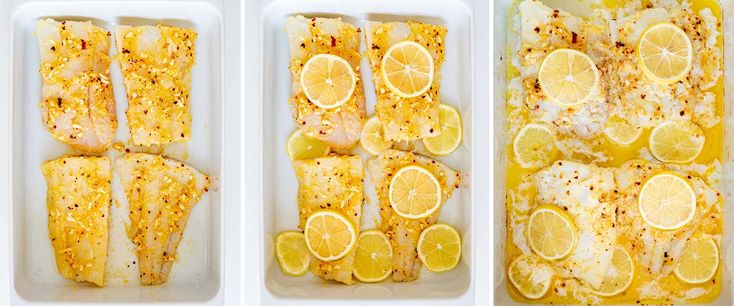 three images show how to cook fish with lemons and seasonings on the side