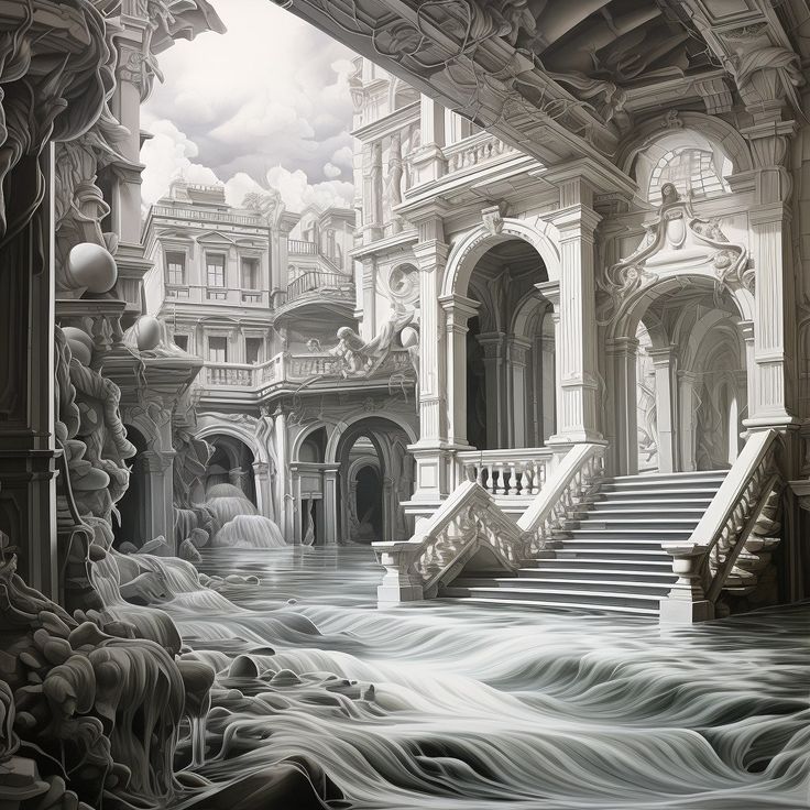 an artistic drawing of a building with stairs and water flowing down the front porchs