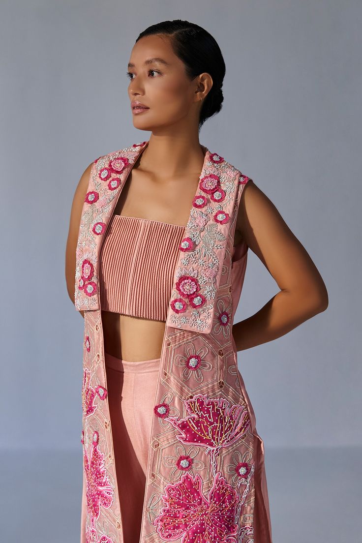 Buy Pink Silk Embroidery 3d Floral Jacket Open Pant Set For Women by Koashee by Shubitaa Online at Aza Fashions. Dress With Jacket Outfit Classy, Fashion Design Books, Embroidery 3d, Heavy Dresses, Pink 3d, Fashion Courses, Frock Patterns, A Line Kurta, Sequin Embroidery