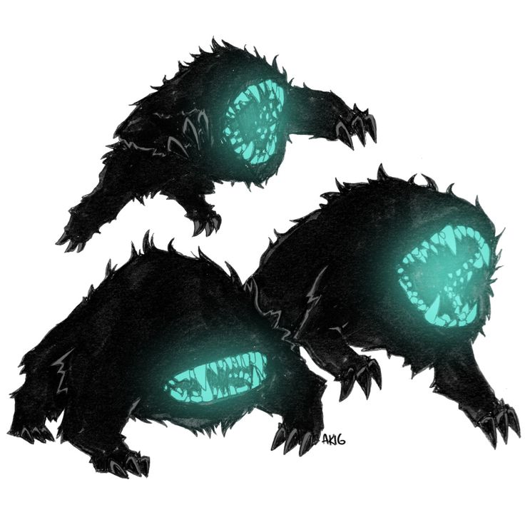 three monster like creatures with glowing green eyes and sharp fangs on their backs, all facing different directions