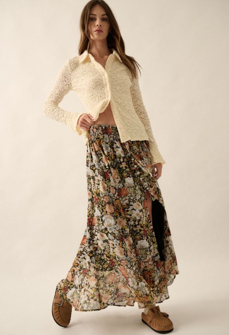 Expertly crafted with a smocked elastic waistband, the 'Fall Foliage Skirt' boasts a high waist and tie detail for a flattering fit. The playful floral print adds a touch of whimsy while the button down front closure provides a secure and stylish finish. Content & Care: 100% Polyester Hand wash cold Nice Sandals, All American Girl, Black Backdrops, Floral Maxi Skirt, Vintage Havana, Floral Print Skirt, Girls Sweet, Cool Hats, Floral Maxi