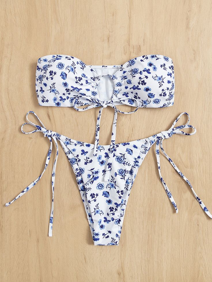 Blue and White Sexy Collar   Floral  Embellished High Stretch  Women Beachwear Blue Floral Bathing Suit, Mama Mia Bathing Suit, Blue And White Swimsuit, Preppy Swimsuit, Aesthetic Swimsuit, Pretty Swimsuits, Swimsuit Inspo, Swimming Beach, Trendy Swimsuits