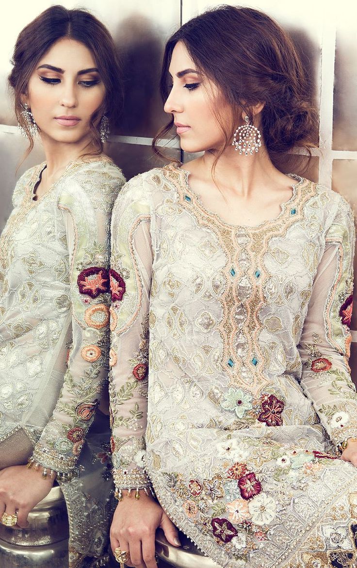 This Pakistani Designer suit is in white gorgette and all the embroidery is in Hand. Pant is in shimmer fabric. Please note if shimmer fabric is not available the we make raw silk white colour trouser. This suit can be customised in any color of your choice and pant lengths can also be altered. Dupatta of this suit is in white colour with embroidery butties in it. Designer White Palazzo Set With Resham Embroidery, White Embroidered Party Dress, Elegant White Palazzo Set With Chikankari Embroidery, White Palazzo Set With Intricate Embroidery And Long Sleeves, White Party Dress With Intricate Embroidery, White Long Sleeve Palazzo Set With Intricate Embroidery, White Semi-stitched Party Dress, White Party Wear Dress With Dupatta, White Long Sleeve Salwar Kameez With Sheer Dupatta