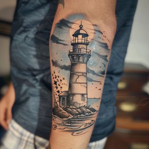 a man with a lighthouse tattoo on his arm