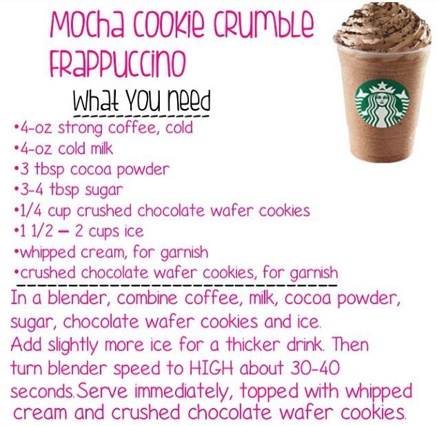 the recipe for mocha cookie crumble rappuccino is shown in pink