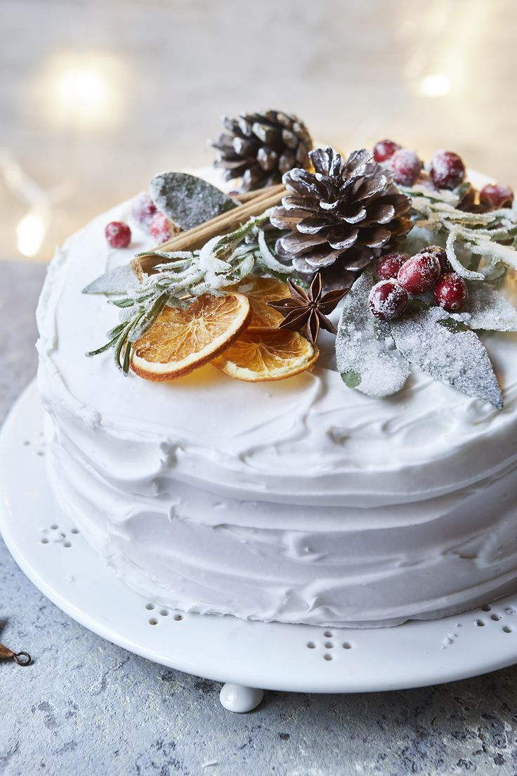 a white frosted cake topped with orange slices and pine cones