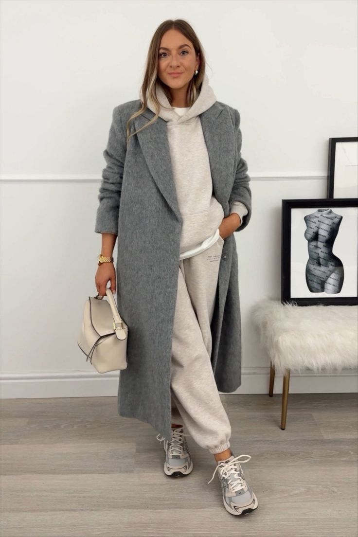 Grey Coat Outfit, Outfit Jogging, Coat Outfit Casual, Mantel Outfit, New Balance Style, New Balance Outfit, New Balance 9060, Sneaker Outfits, Outfit Autumn