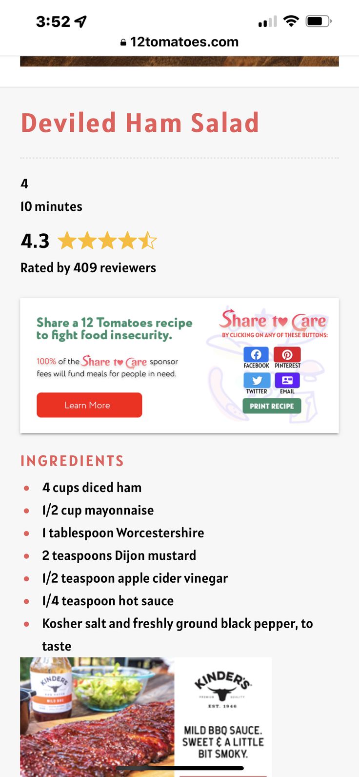 the menu for deviled ham salad is shown in red and white, along with instructions on how to make it