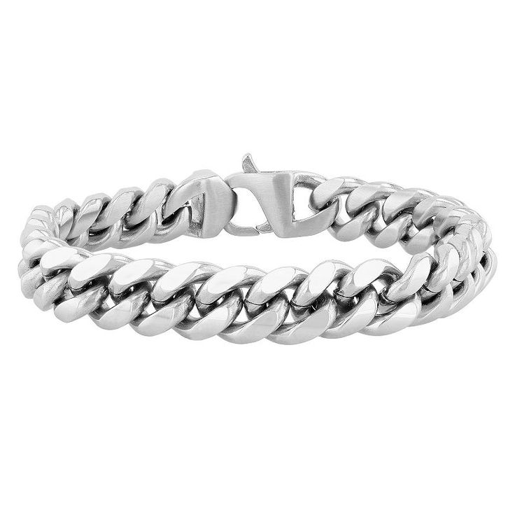 "This stainless steel curb link chain bracelet is a great way to add something new and exciting to your daily look. This stainless steel curb link chain bracelet is a great way to add something new and exciting to your daily look. Length: 8.75 in. Chain type: curb Metal: stainless steel Finish: polished, satin Packaging: velvety pouch Please note, due to the high value of this item, a signature may be required upon delivery. Size: 8.5"". Color: White. Gender: male. Age Group: adult." Classic Cuban Link Bracelet With Stainless Steel Clasp, Silver Cuban Link Chain Bracelet, Classic Cuban Link Stainless Steel Bracelet, Stainless Steel Cuban Link Bracelet, Modern Cuban Link Silver Chain Bracelet, Modern Cuban Link Curb Chain Bracelet, Modern Stainless Steel Cuban Link Bracelet, Modern Stainless Steel Cuban Link Jewelry, Silver Stainless Steel Curb Chain Bracelets