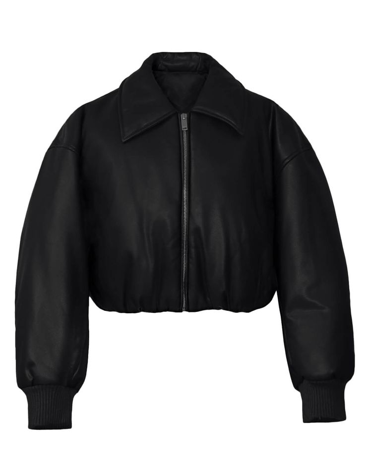 Black faux-leather crop bomber style jacket with oversized lapel. Brand Pixie Market50% polyester, 50% viscoseFully lined Oversized crop fitDropped shouldersBalloon sleeves Wide ribbed sleeve cuff Gathered elastic waist Model is wearing one size and model's height is 5.9"Imported Winter Cropped Biker Jacket For Streetwear, Cropped Leather Jacket For Fall Streetwear, Cropped Leather Jacket For Winter Streetwear, Oversized Cropped Winter Outerwear, Cropped Winter Outerwear With Zipper, Cropped Outerwear With Zipper Closure For Winter, Spring Collared Leather Jacket With Padded Collar, Oversized Cropped Jacket For Fall Streetwear, Spring Leather Jacket With Padded Collar