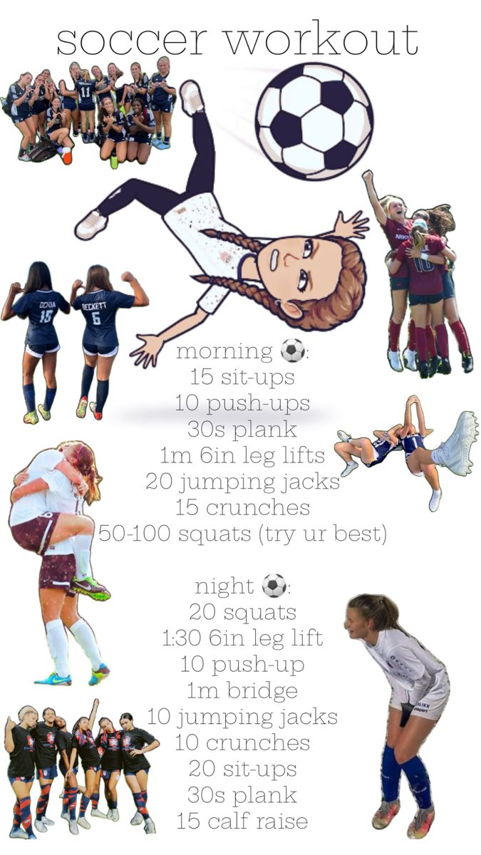 morning ⚽️: 15 sit-ups 10 push-ups 30s plank 1m 6in leg lifts 20 jumping jacks  15 crunches 50-100 squats (try ur best)  night ⚽️: 20 squats 1:30 6in leg lift  10 push-up 1m bridge  10 jumping jacks  10 crunches 20 sit-ups  30s plank  15 calf raises Soccer Workouts Gym, Soccer Workouts For Beginners, Soccer Workouts At Home, Soccer Conditioning Workouts, Workouts For Soccer Players, Soccer Poster Ideas, Soccer Tryouts, Soccer Player Workout, Tips For Soccer