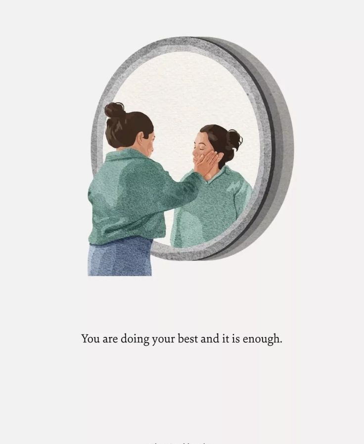 a woman is looking at her reflection in the mirror with an image of two people