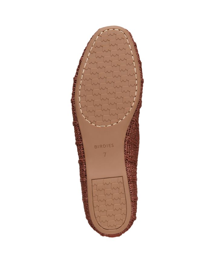 Crafted of hand-knit raffia topped with a premium leather bow, this brown round-toe ballet flat is breathable and lightweight. This silhouette was created with our Barefoot Ballerina technology, which includes a completely flexible leather-lined footbed that bends with you as if you are barefoot, but still offers full arch support and seven layers of cloud-like comfort. The flat is complete with our signature grosgrain backtab and gold Birdies logo. | The Hummingbird - Walnut Raffia Birdies Flats Casual Brown Woven Leather Flats, Casual Woven Leather Ballet Flats With Round Toe, Casual Woven Leather Ballet Flats, Brown Ballet Flats With Comfortable Insole And Round Toe, Brown Ballet Flats With Branded Insole And Round Toe, Brown Round Toe Ballet Flats With Branded Insole, Brown Flats With Woven Sole, Brown Slip-on Flats With Woven Sole, Casual Brown Ballet Flats With Branded Insole