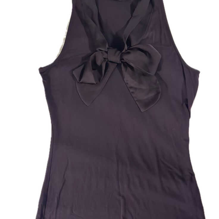 Never Worn. Beautiful Raisin Color. Stretchy And Elegant. Body: 95% Viscose Rayon, 5% Spandex Trim/Tie: 100% Polyester Chic Party Tank Top With Bow Detail, Chic Party Tank Top With Bow, Fitted Tie Neck Top For Evening, Chic Fitted Tank Top With Bow, Formal Sleeveless Top With Bow, Party Tank Top With Bow, Chic Fitted Top With Tie Neck, Chic Fitted Tie Neck Top, Casual Stretch Tank Top For Evening