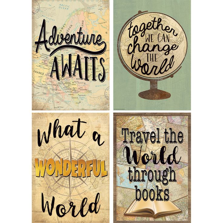 four different types of travel posters with the words adventure await, what a wonderful world through books