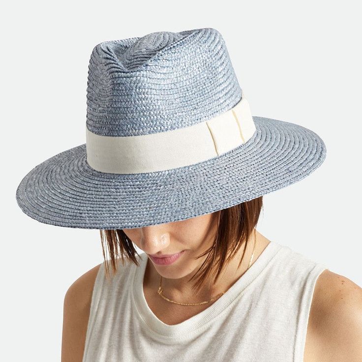 Updating The Signature Joanna Silhouette With A Shorter Brim And Soft Blue Color, This Brixton Hat Is Crafted In Woven Straw And Has A Minimalist-Meets-Summery Design. 100% Straw Adjustable Grosgrain Ribbon Trim White Fitted Summer Fedora, Fitted White Summer Fedora, Fitted White Fedora For Spring, Fitted White Panama Hat For Summer, Chic Blue Straw Hat For The Beach, Ladies Fedora For Day Out At Kentucky Derby, Light Blue Curved Brim Hat For Summer, Light Blue Curved Brim Summer Hat, Light Blue Summer Hat With Curved Brim